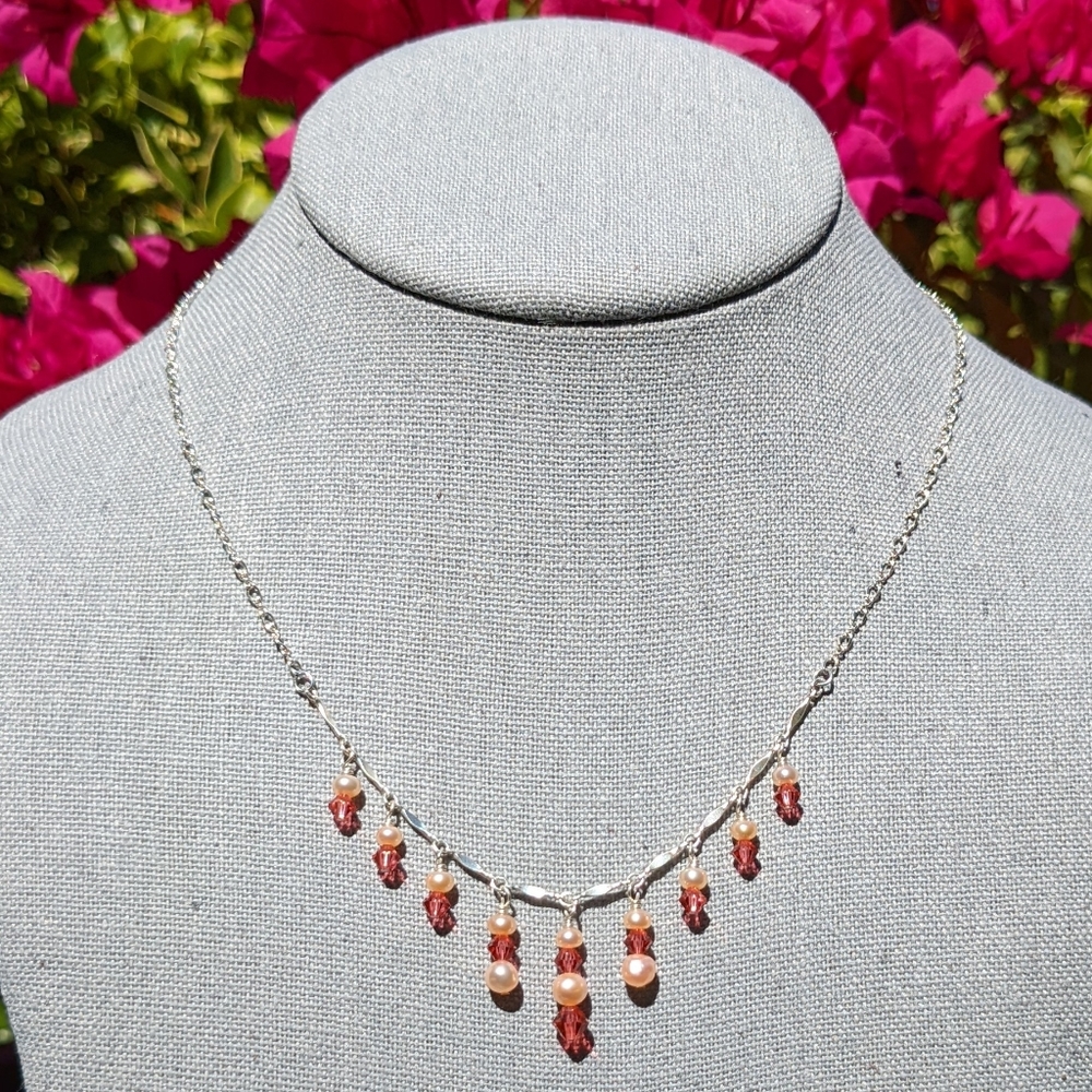 Sterling Silver Necklace with Peach Pearls and Swarovski Crystals